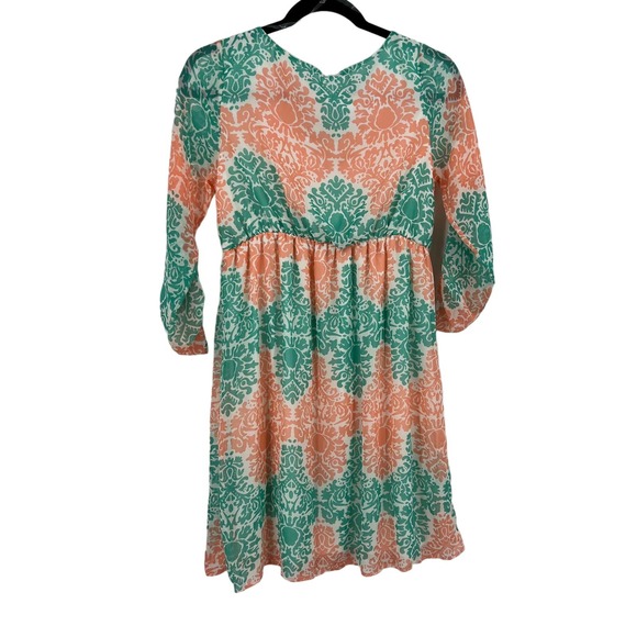 Pink Blush Maternity Mint Green Peach Printed Chiffon Midi Dress Lined Medium - Picture 2 of 9